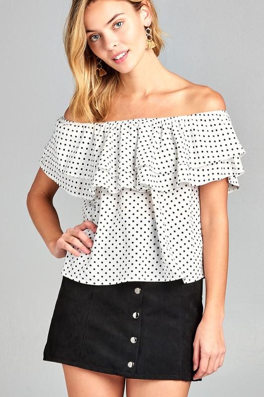 Women's Double Ruffle Off Shoulder Polka Dot Top Ivory Felix