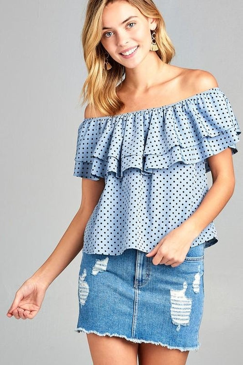 Women's Double Ruffle Off Shoulder Polka Dot Top Ivory Felix