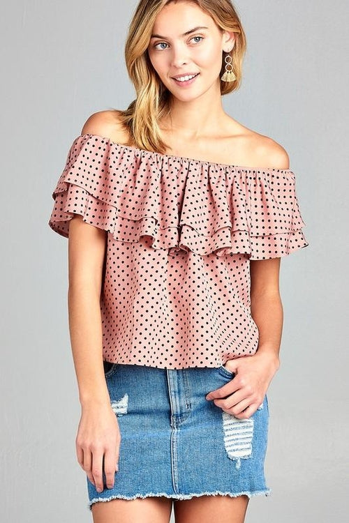 Women's Double Ruffle Off Shoulder Polka Dot Top Ivory Felix