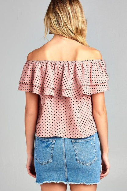 Women's Double Ruffle Off Shoulder Polka Dot Top Ivory Felix