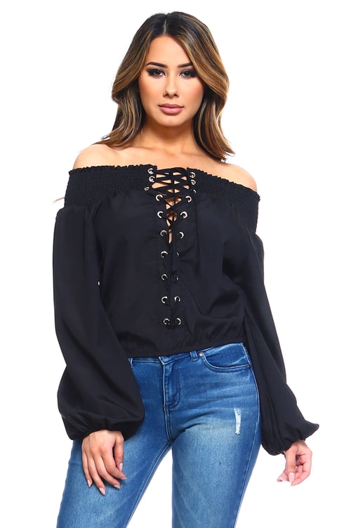 Women's Lace-Up Off Shoulder Elastic Blouse Ivory Felix