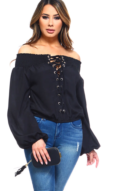 Women's Lace-Up Off Shoulder Elastic Blouse Ivory Felix