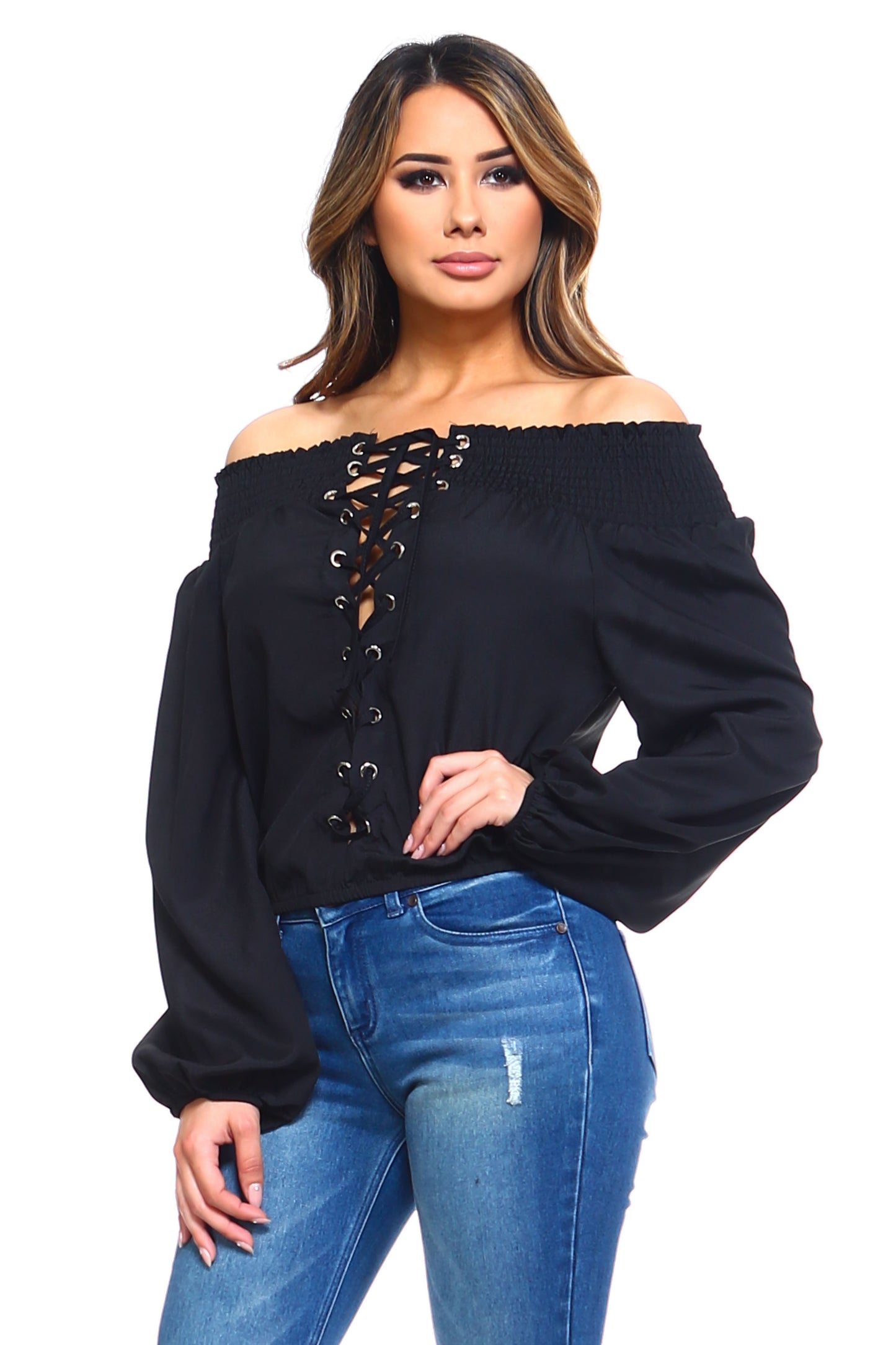 Women's Lace-Up Off Shoulder Elastic Blouse Ivory Felix