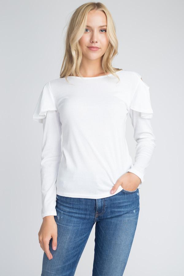 Women's Cold Shoulder Ruffle Long Sleeve Top Ivory Felix