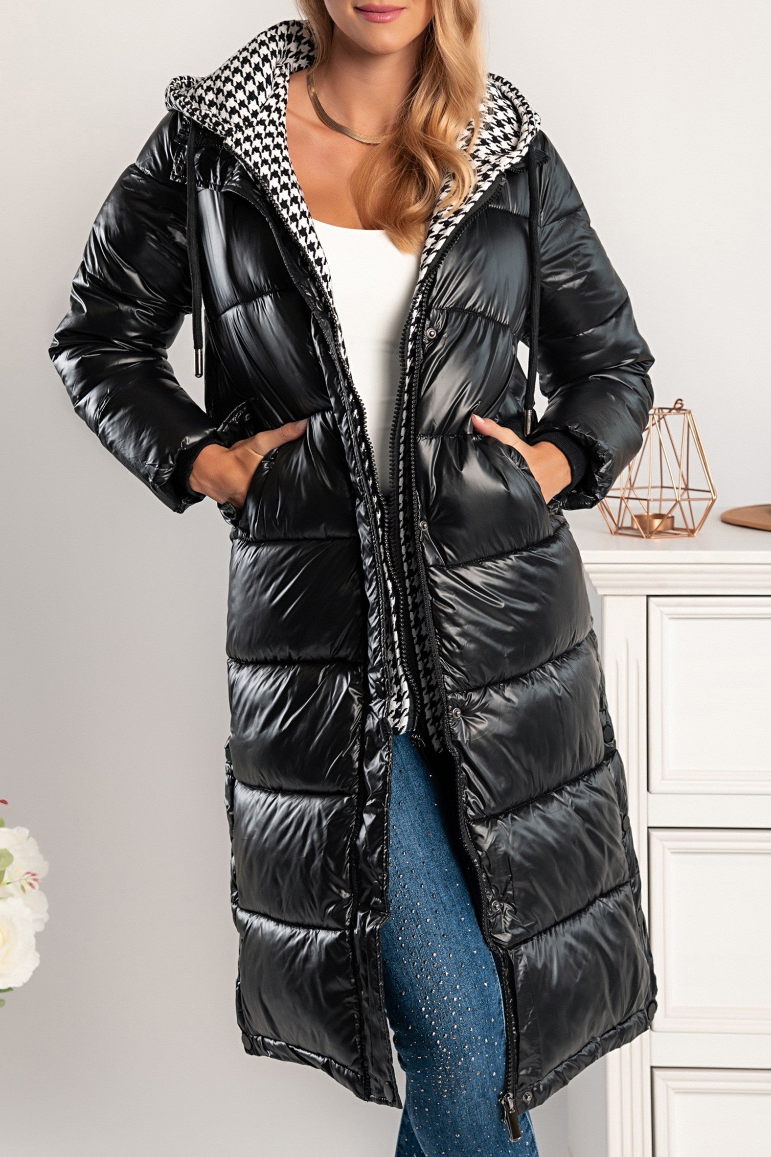 Moena long quilted jacket with detachable hood, black Scarlet Chaos