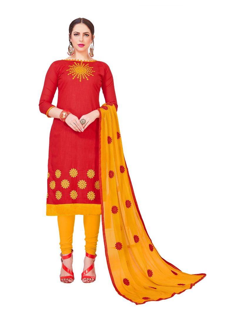 Generic Women's Slub Cotton Salwar Material (Red, Ivory Cassiopeia