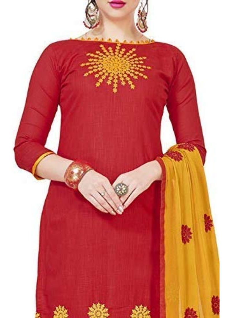 Generic Women's Slub Cotton Salwar Material (Red, Ivory Cassiopeia