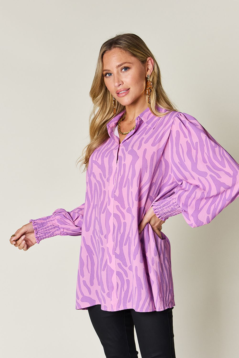 Double Take Full Size Printed Smocked Long Sleeve Blouse Trendsi