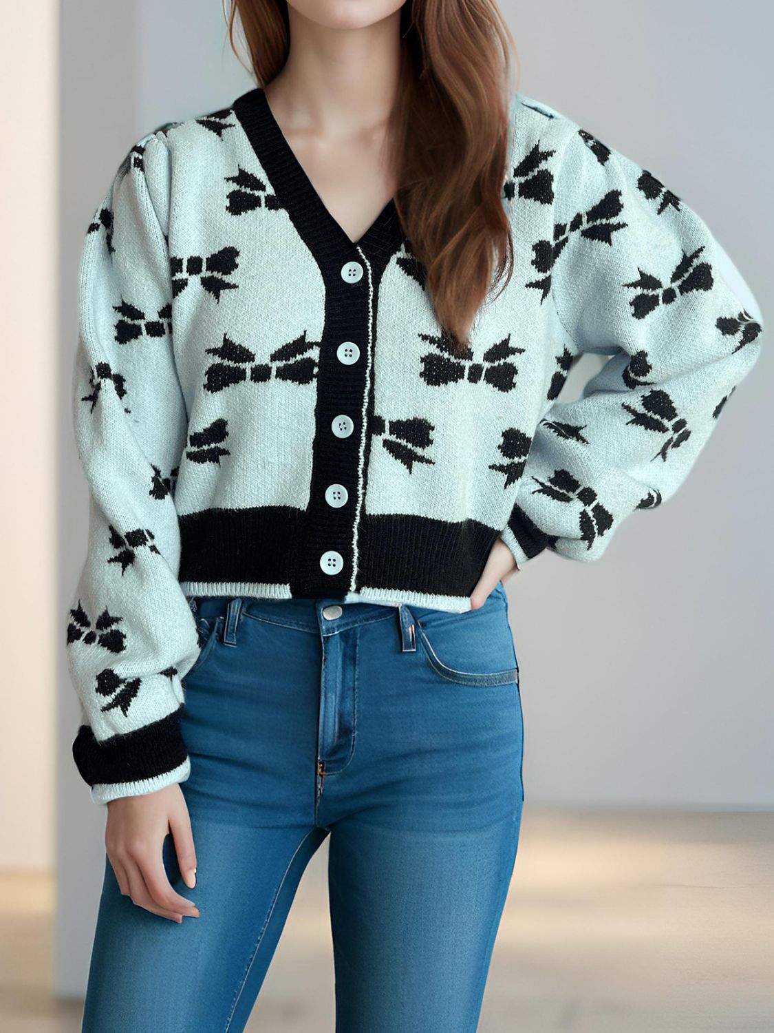 Bow V-Neck Button Down Long Sleeve Cardigan Trendsi