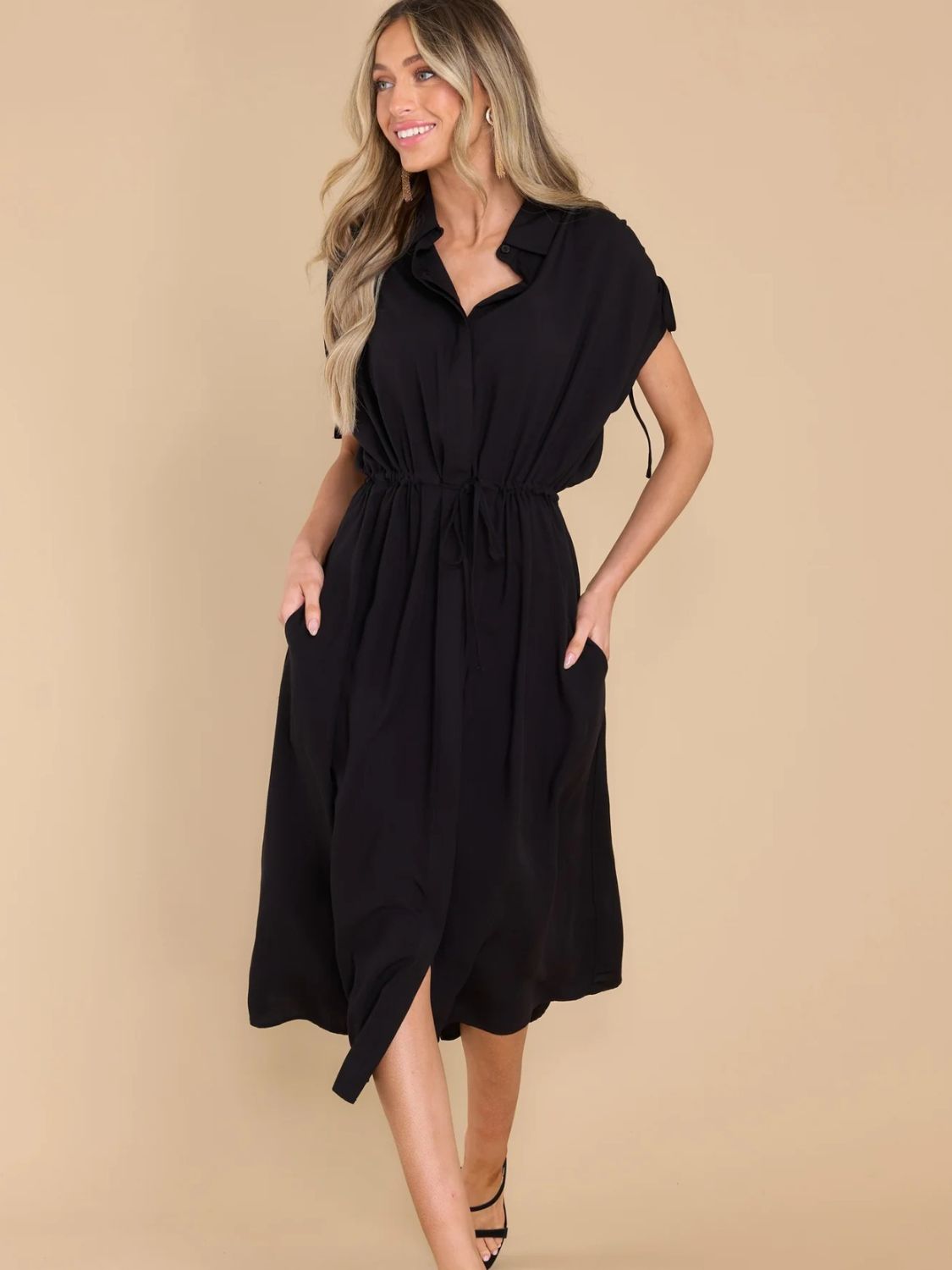 Drawstring Collared Neck Short Sleeve Midi Dress Trendsi