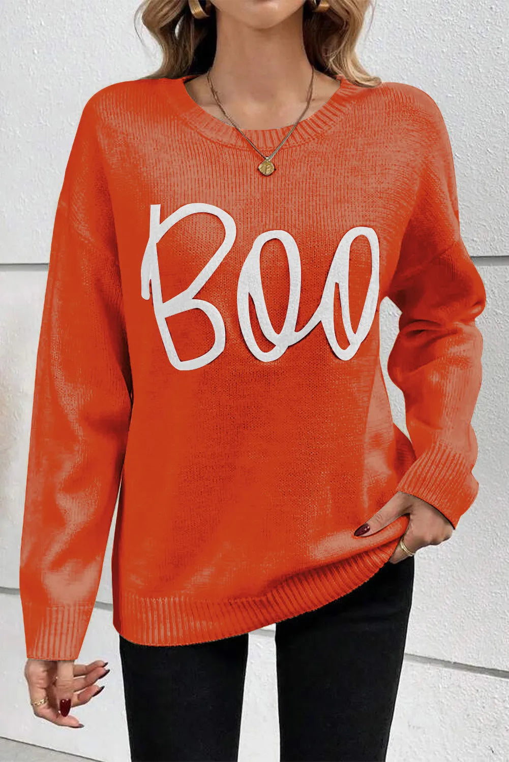 BOO Round Neck Long Sleeve Sweater Trendsi