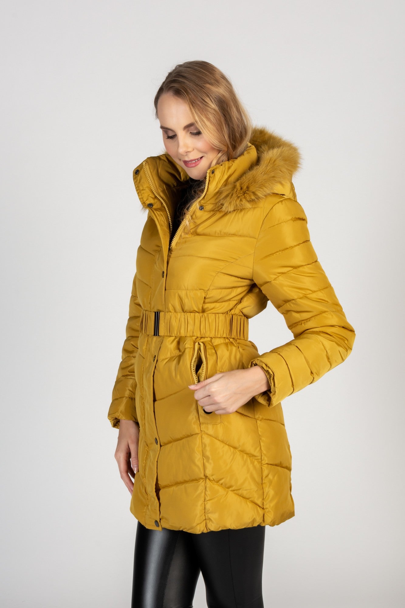 Long quilted jacket with detachable hood with faux fur Sartene, yellow Scarlet Chaos