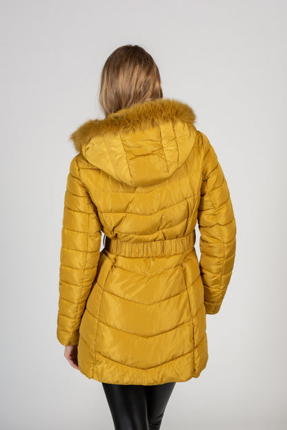 Long quilted jacket with detachable hood with faux fur Sartene, yellow Scarlet Chaos