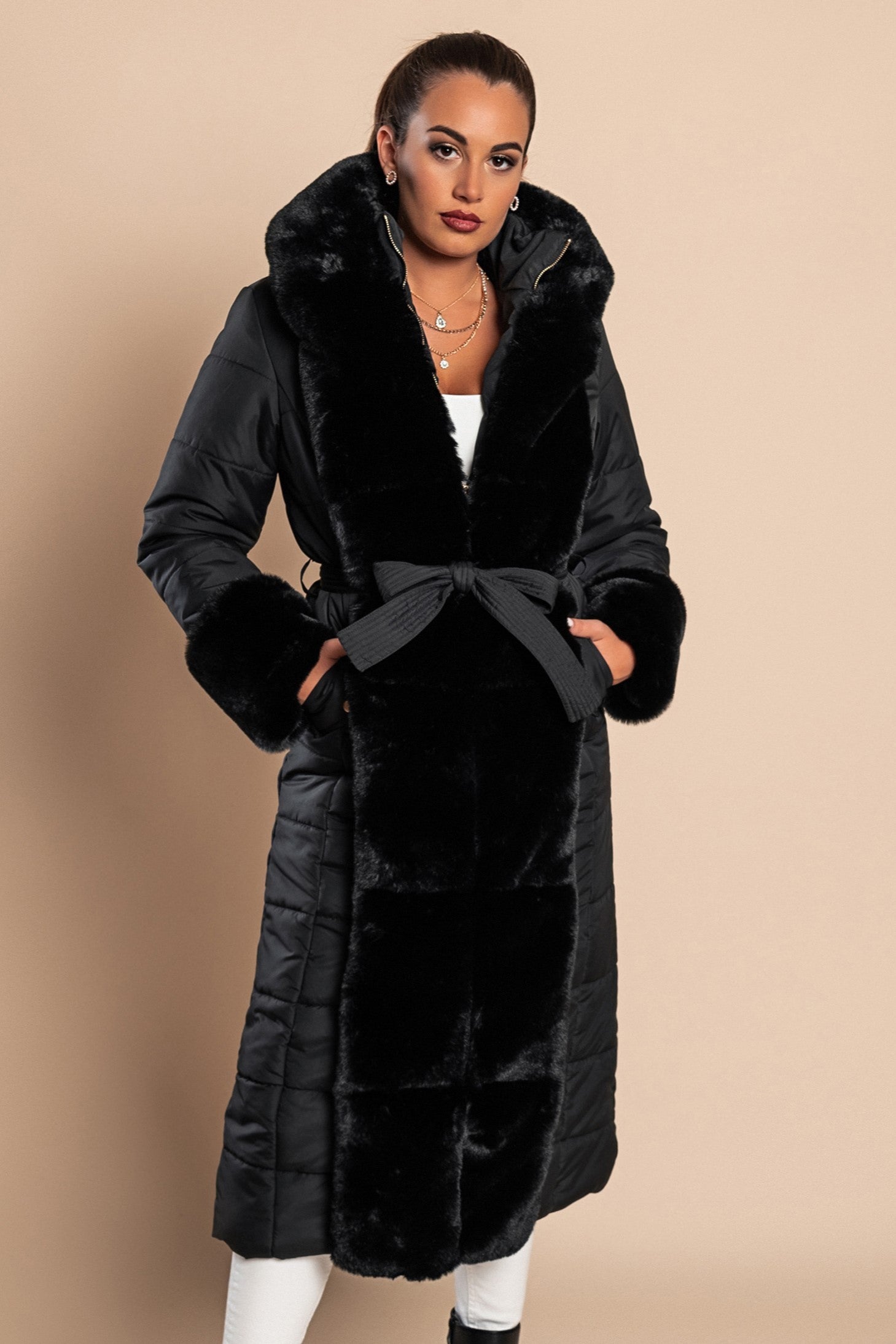 Long padded winter jacket with faux fur, black Scarlet Chaos