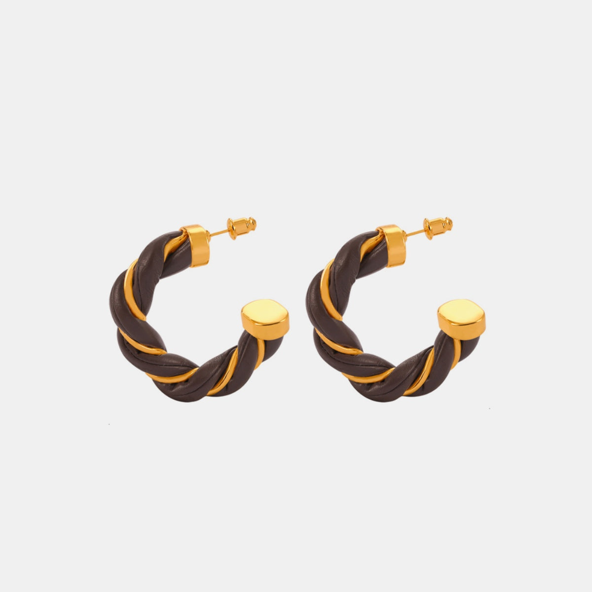 18K gold-plated twisted leather rope c-hoop earrings.