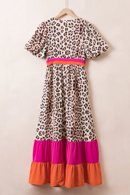 Full Size Leopard V-Neck Half Sleeve Maxi Dress Trendsi