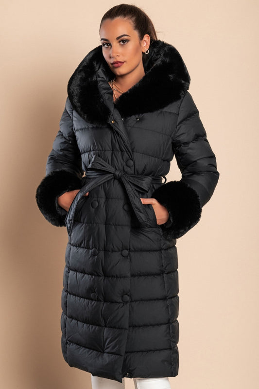 Long padded winter jacket with faux fur, black Scarlet Chaos