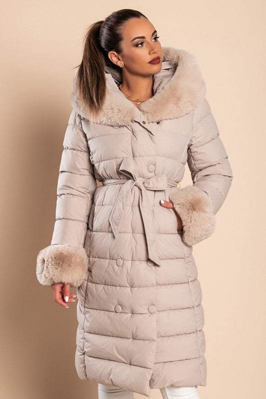 Long padded winter jacket with faux fur, beige Scarlet Chaos