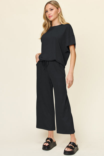 Double Take Full Size Texture Round Neck Short Sleeve T-Shirt and Wide Leg Pants Trendsi