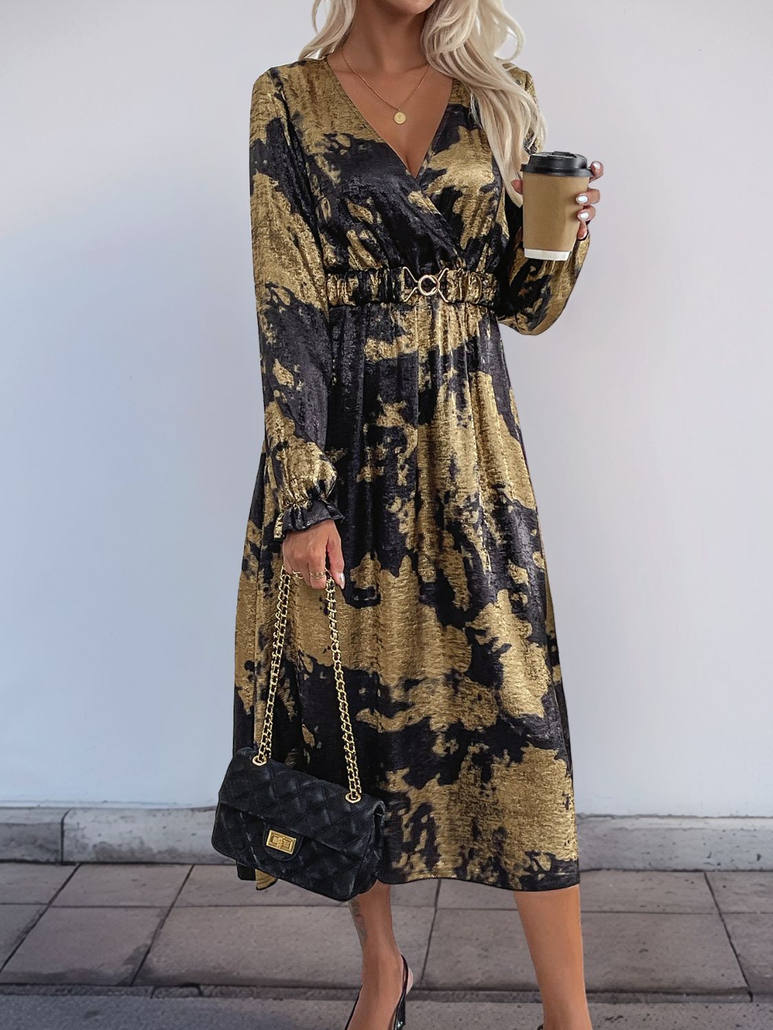 Perfee Printed Surplice Long Sleeve Midi Dress Trendsi