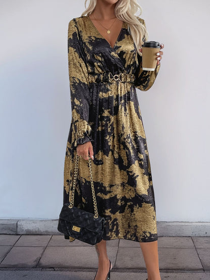 Perfee Printed Surplice Long Sleeve Midi Dress Trendsi