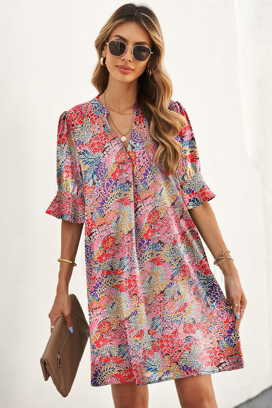 Floral Notched Neck Flounce Sleeve Shift Dress Trendsi