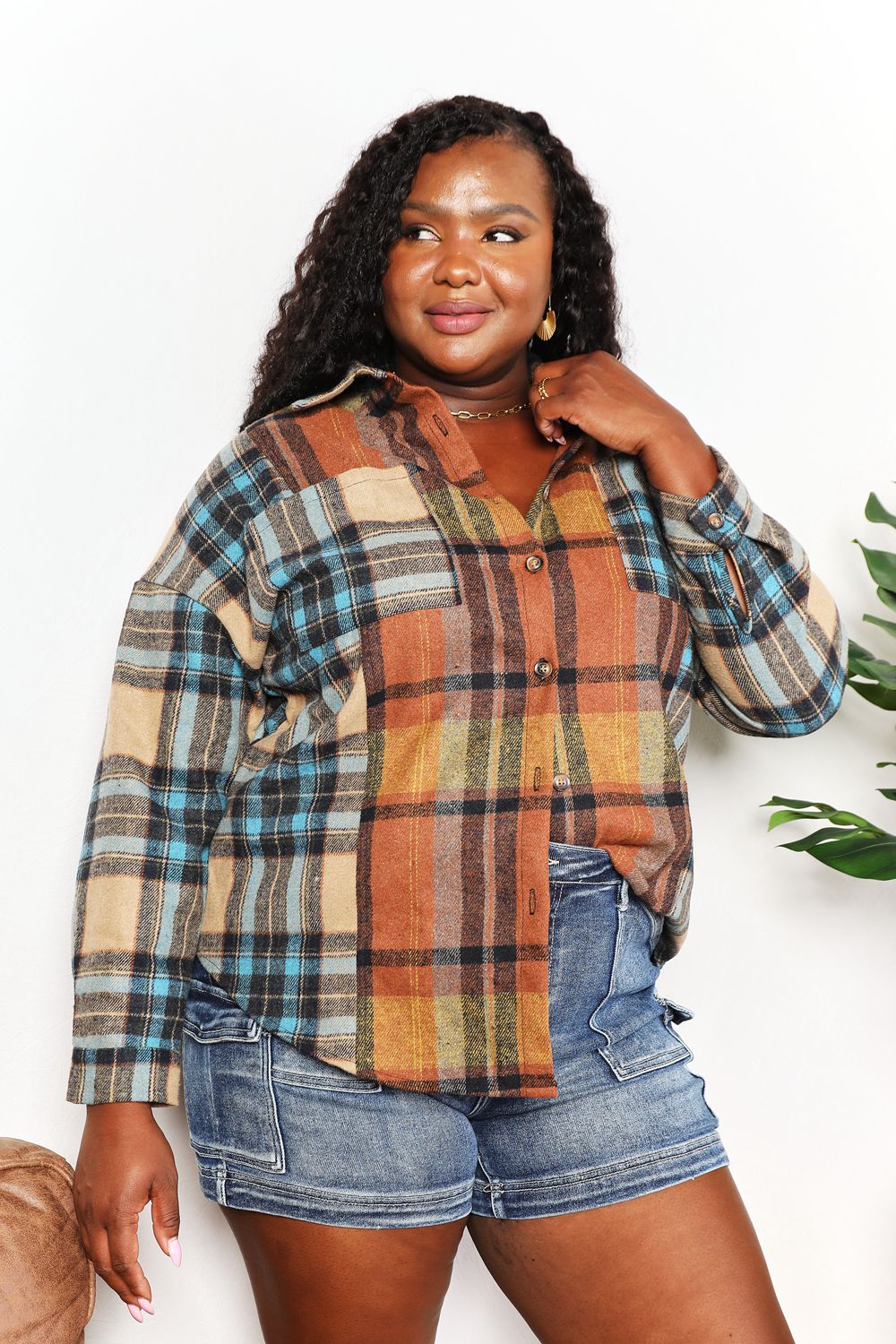 Double Take Plaid Curved Hem Shirt Jacket with Breast Pockets Trendsi