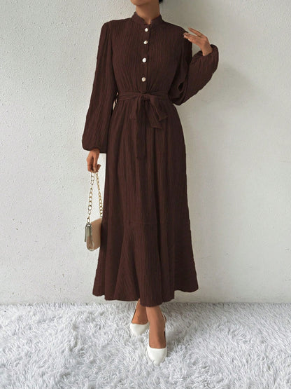 Half Button Tie Waist Long Sleeve Maxi Dress Trendsi