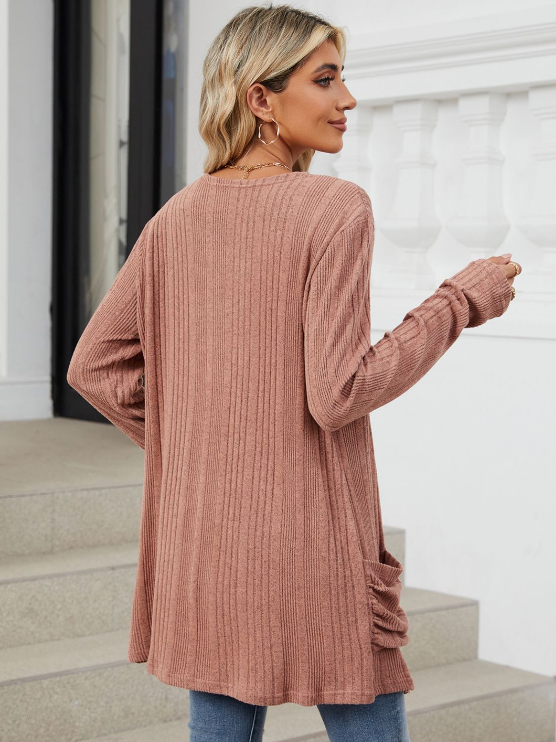 Pocketed Open Front Long Sleeve Cardigan Trendsi