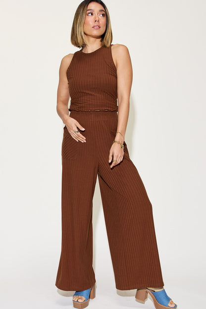 Basic Bae Full Size Ribbed Tank and Wide Leg Pants Set Trendsi