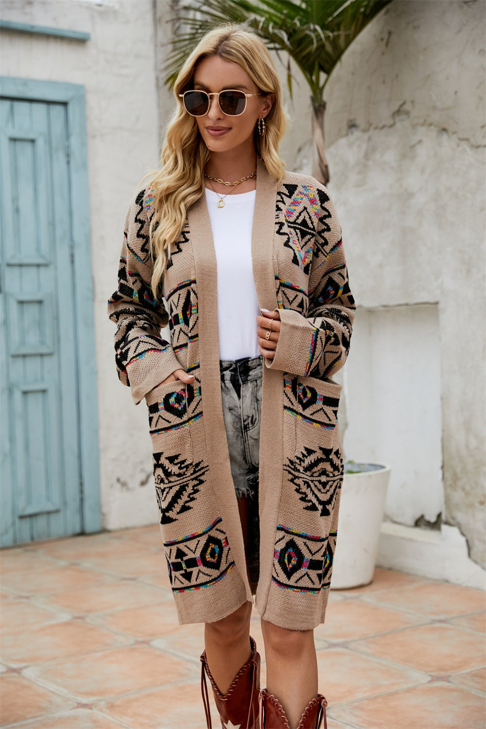 Angel Wings Pocketed Geometric Open Front Dropped Shoulder Cardigan Trendsi