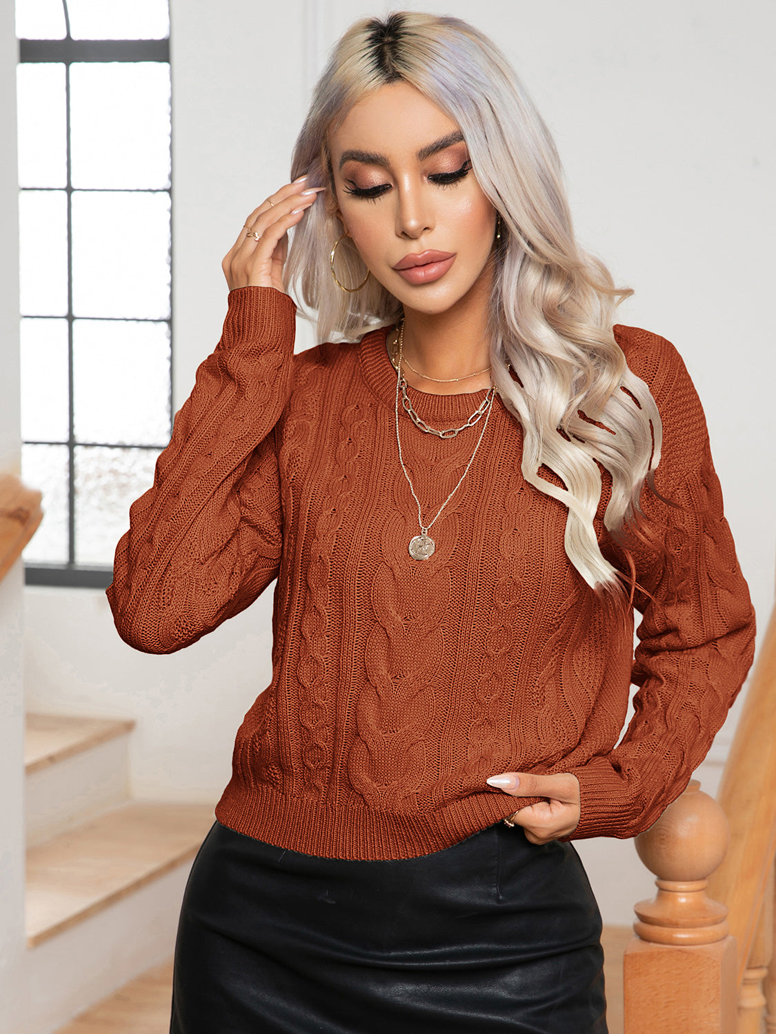 Cable-Knit Round Neck Long Sleeve Sweater Trendsi