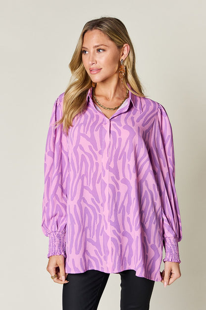 Double Take Full Size Printed Smocked Long Sleeve Blouse Trendsi