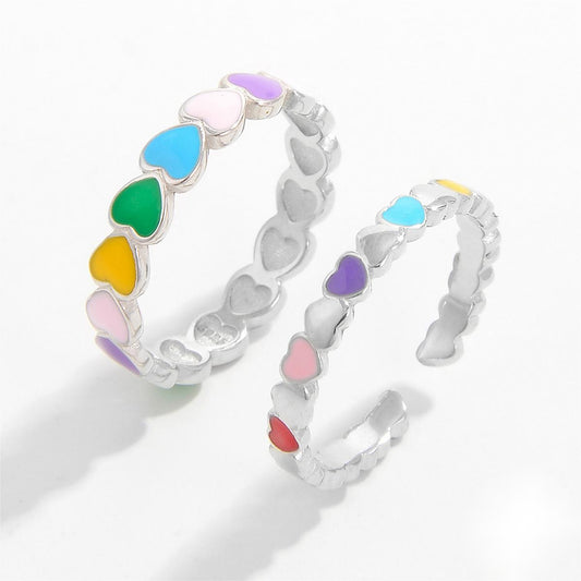 925 Sterling Silver Drip Oil Heart Ring with colorful heart design and modern aesthetic.