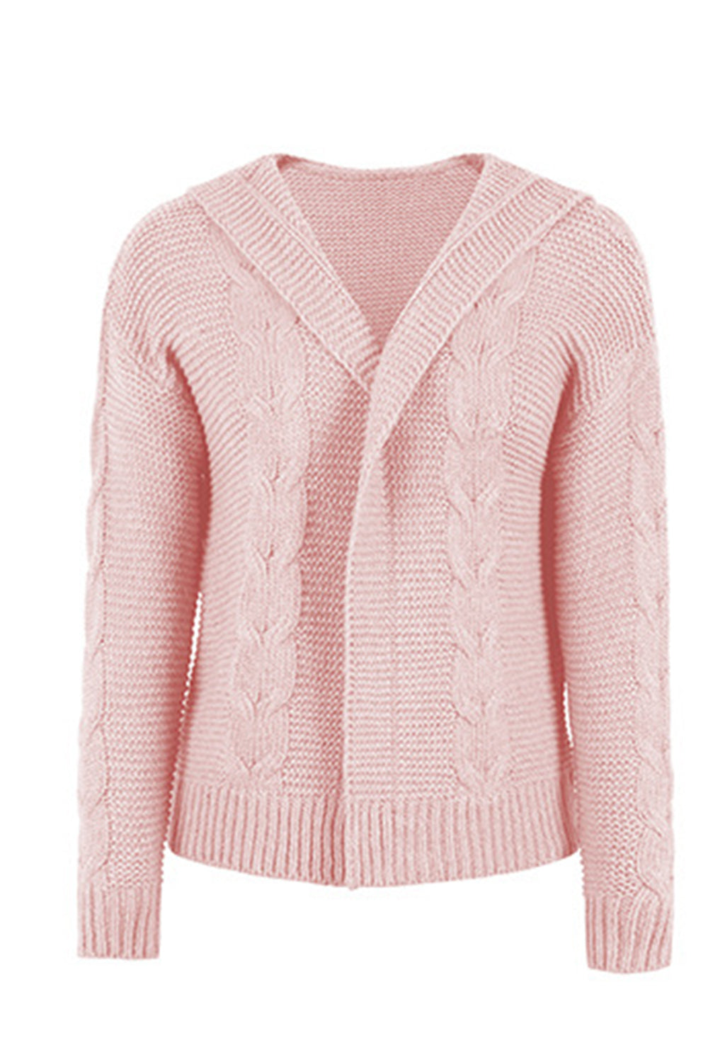 Cable-knit dropped shoulder hooded cardigan with open front design in pink.