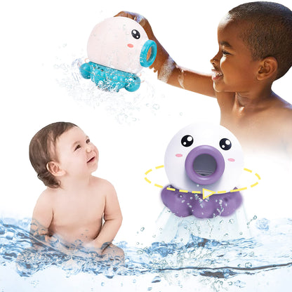 Octopus fountain bath toy with water jet spray for newborns and toddlers in bathtub.