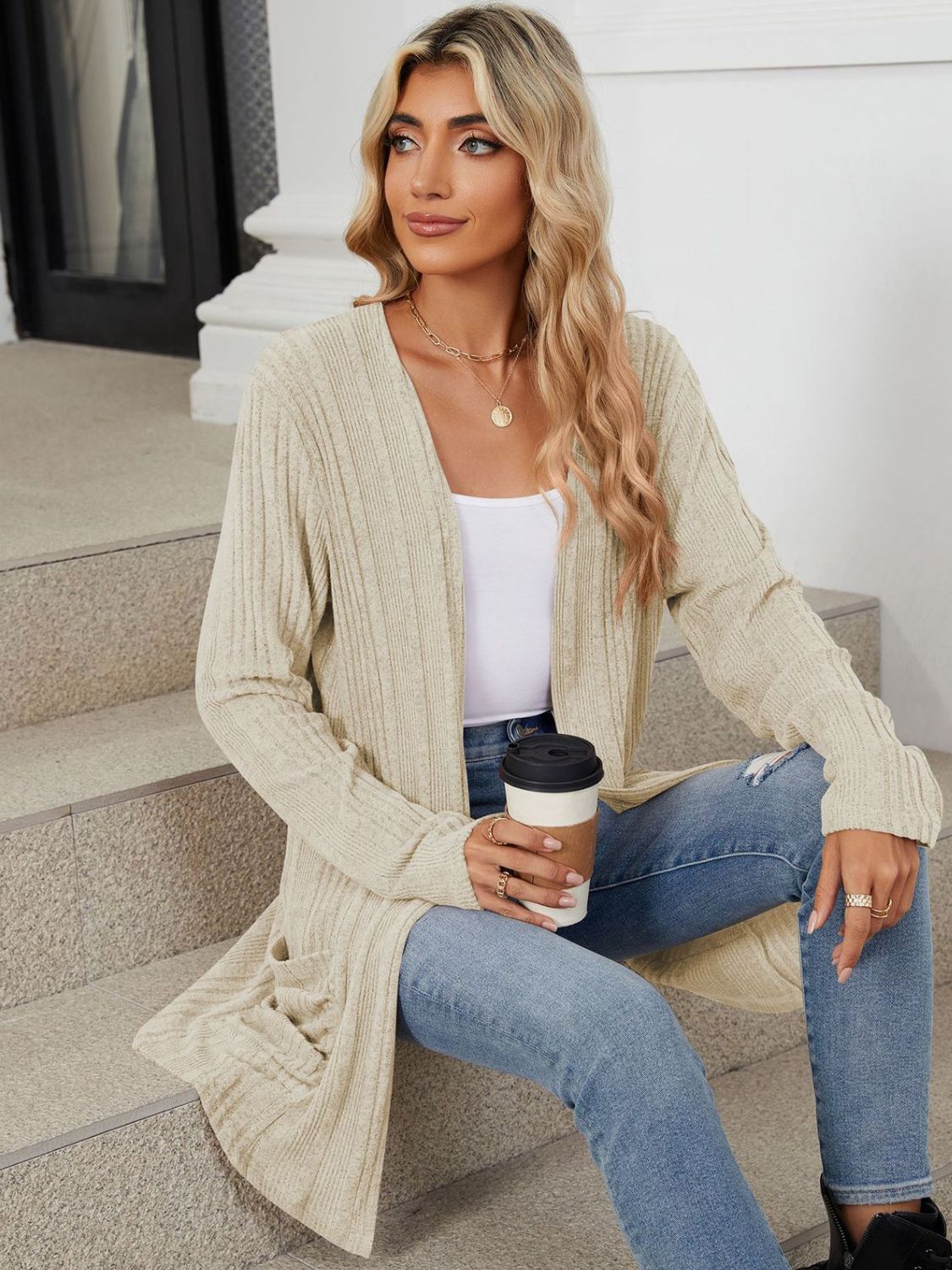 Pocketed Open Front Long Sleeve Cardigan Trendsi