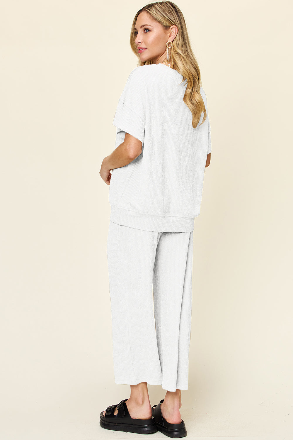 Double Take Full Size Texture Round Neck Short Sleeve T-Shirt and Wide Leg Pants Trendsi