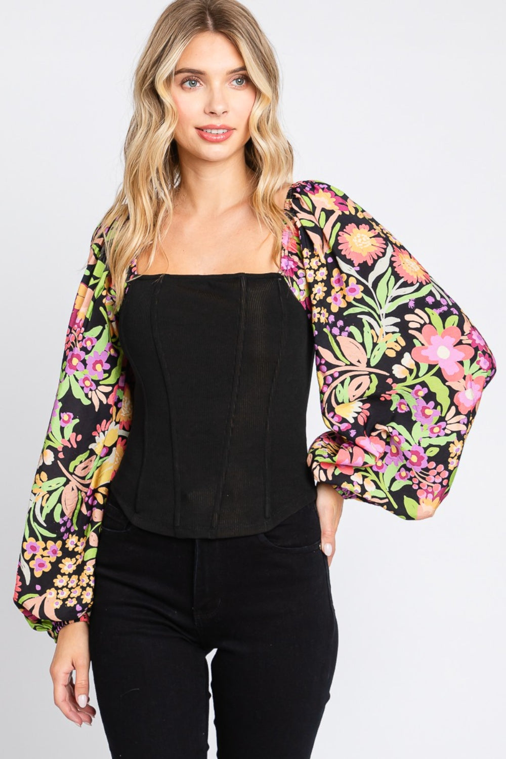 ODDI Full Size Floral Balloon Sleeve Blouse Trendsi