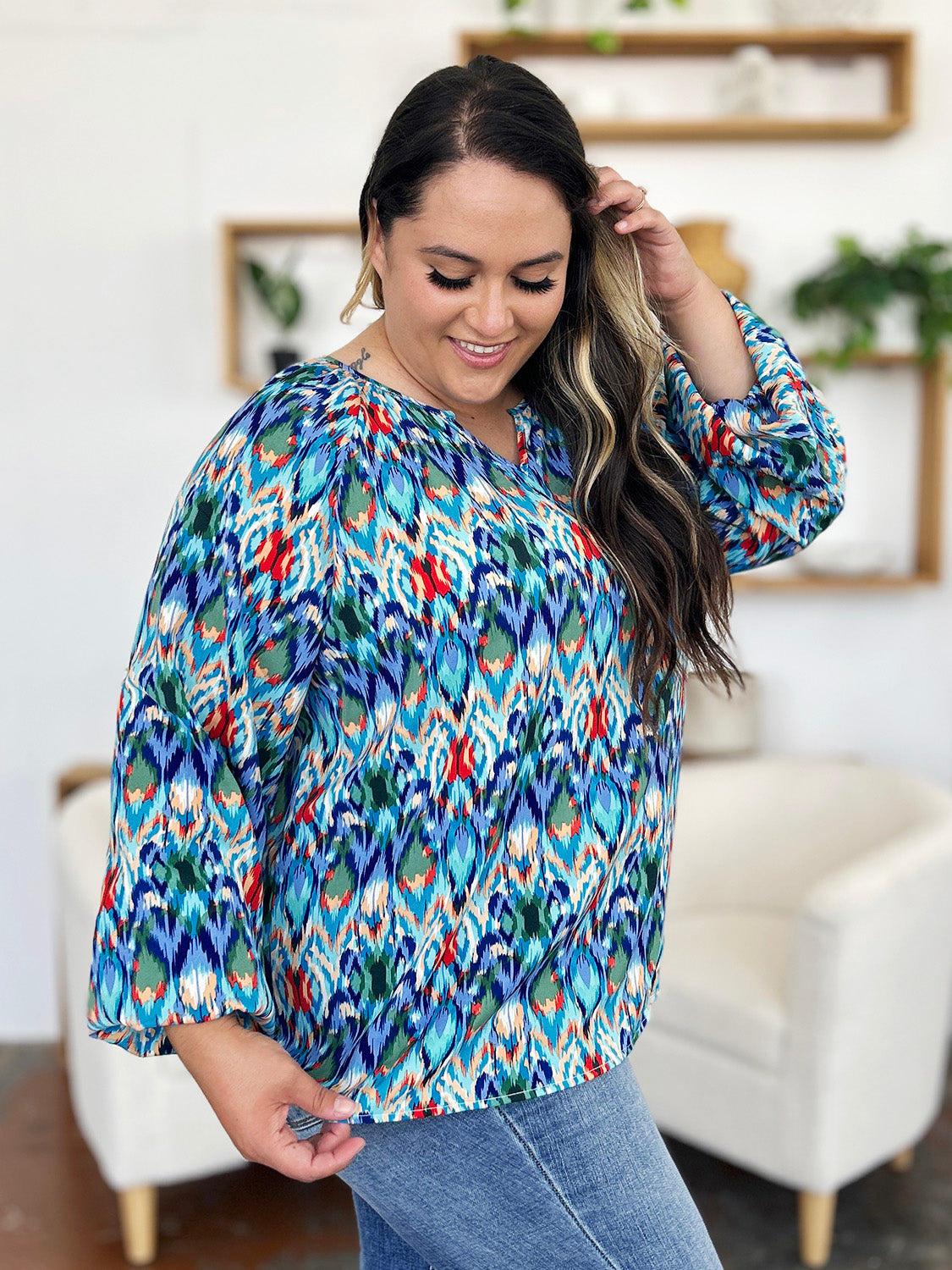 Double Take Full Size Printed Balloon Sleeve Blouse Trendsi