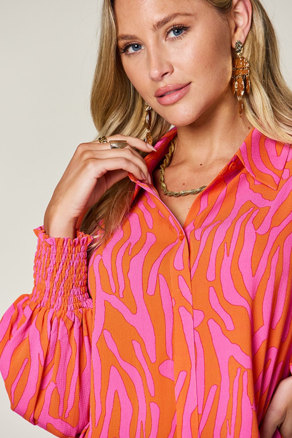 Double Take Full Size Printed Smocked Long Sleeve Blouse Trendsi