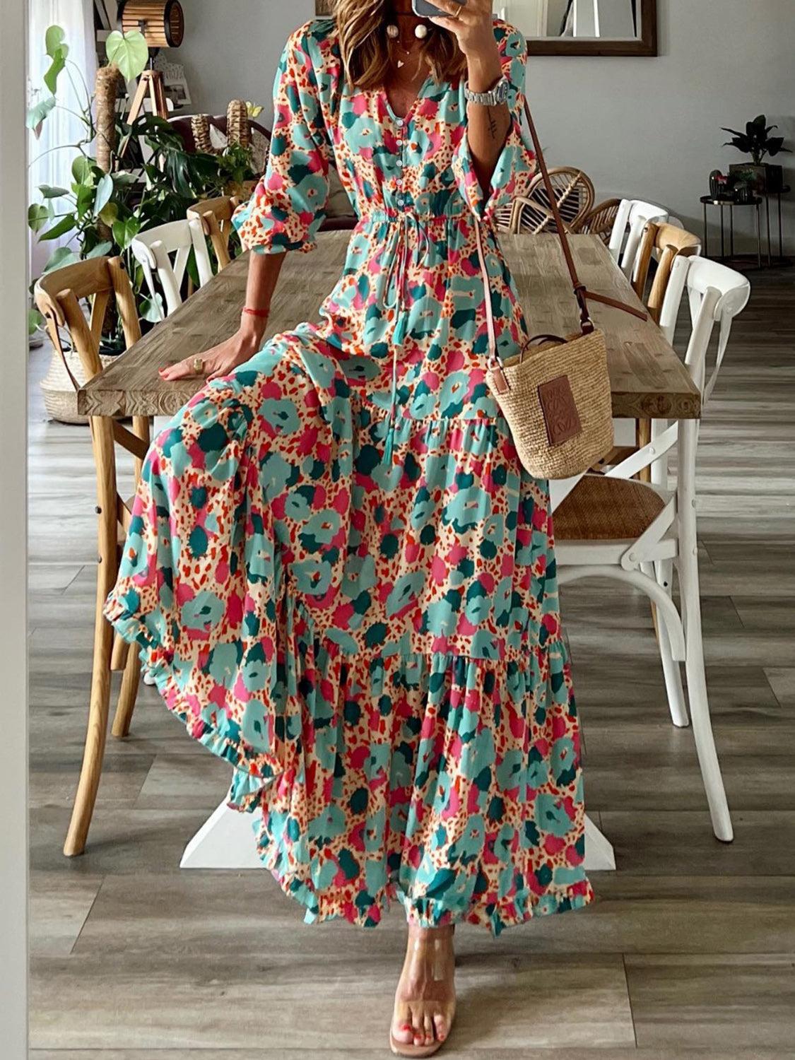 MeiMei Button Up Ruffle Hem Tiered Maxi Dress Trendsi