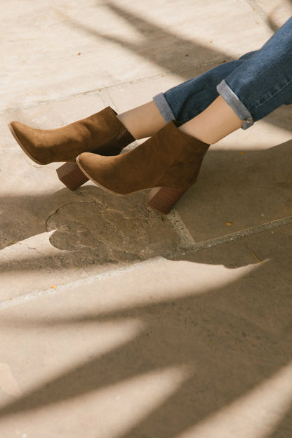 Women's Malibu Boots Brown with stacked heel and almond toe.