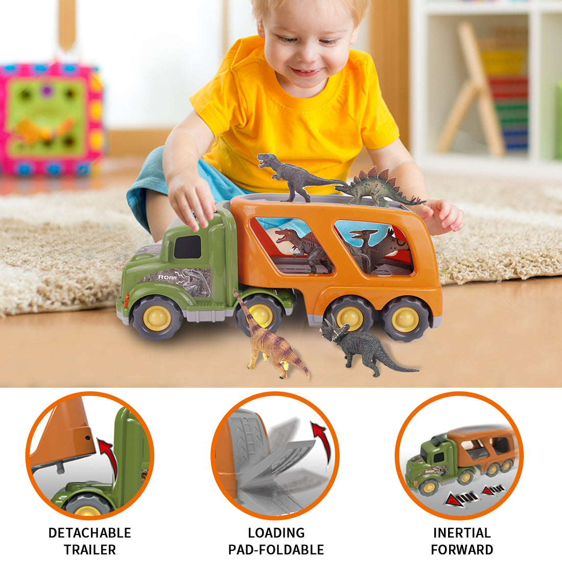 Car Truck Toy for 3 4 5 6 Years Old Boys and Girls, Dinosaur Transport Truck Including T-Rex, Pterodactyl, Brachiosaurus, for Boys & Girls(Notice: Cannot ship out the goods at weekends.) 6cc08b-1a