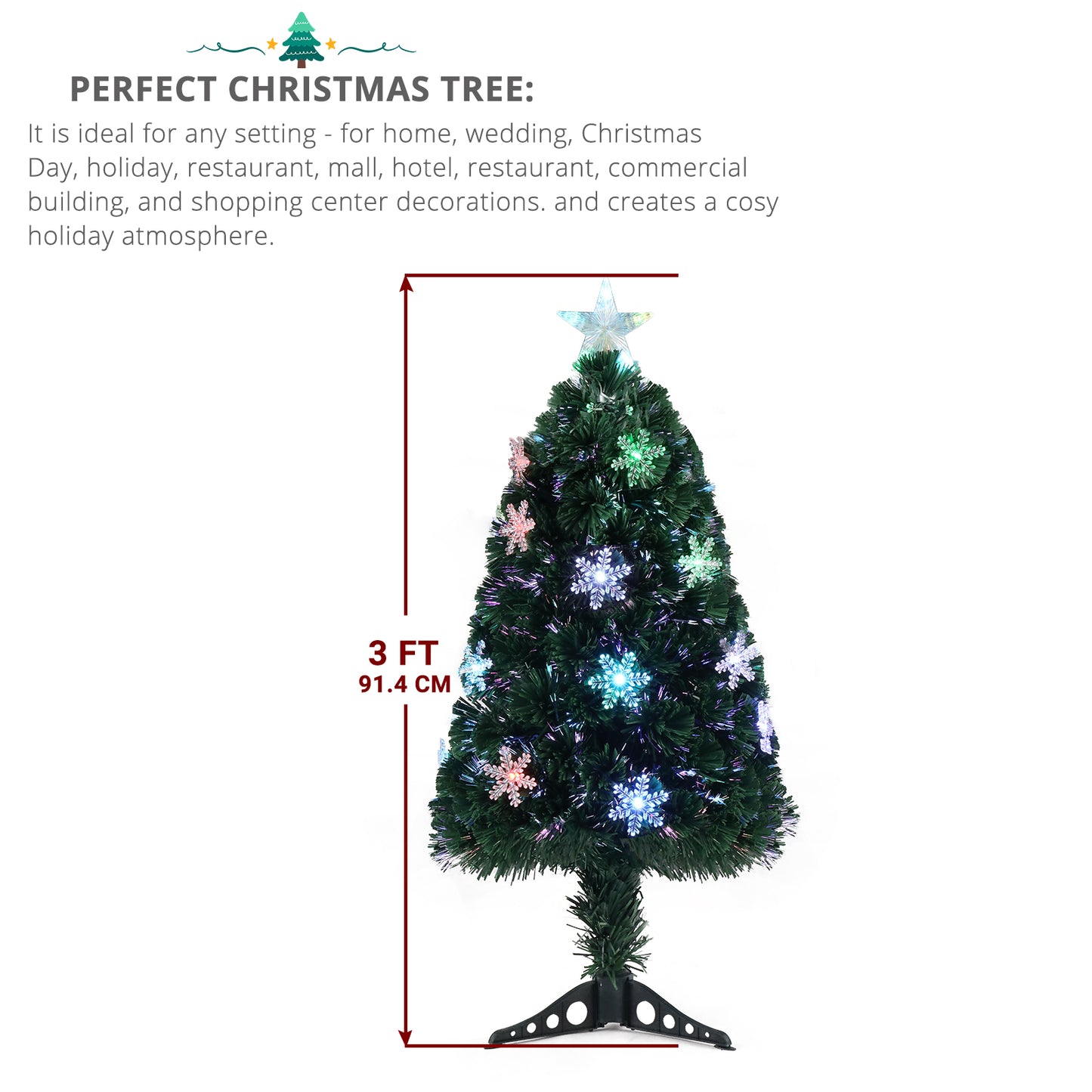 3ft Top With Stars， Plastic Base, PVC Material, 12  Light Colorful Discoloration With Snow Flakes, 85 Branches, Christmas Tree, Green 6cc08b-1a