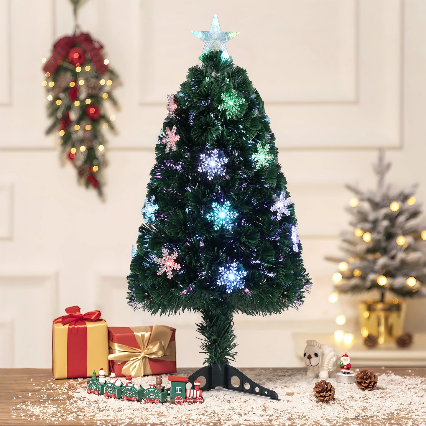 3ft Top With Stars， Plastic Base, PVC Material, 12  Light Colorful Discoloration With Snow Flakes, 85 Branches, Christmas Tree, Green 6cc08b-1a