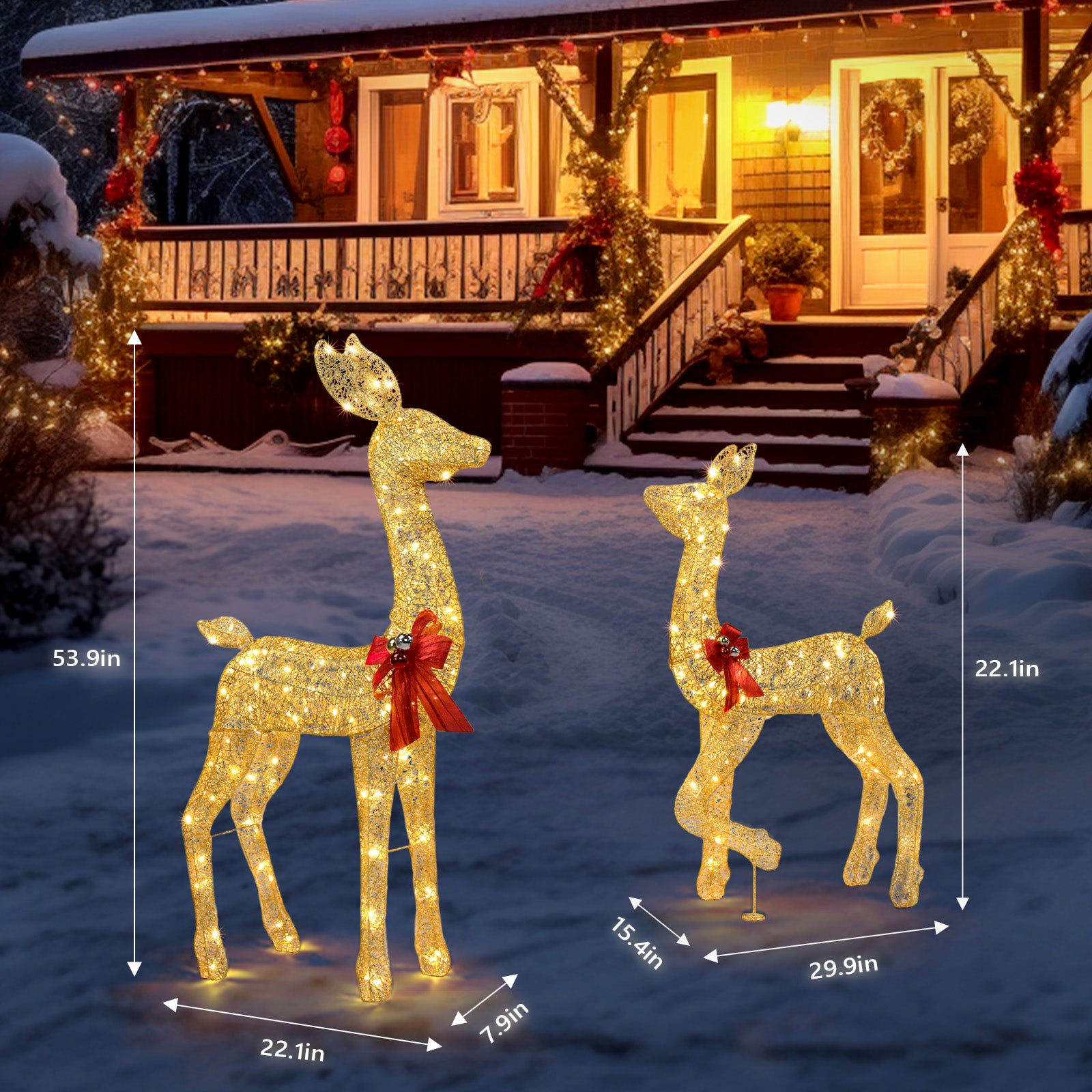 2-Piece Lighted Christmas Deer Family, Outdoor Yard Decoration Set with 210 LEDs Warm White Light, Gold 6cc08b-1a