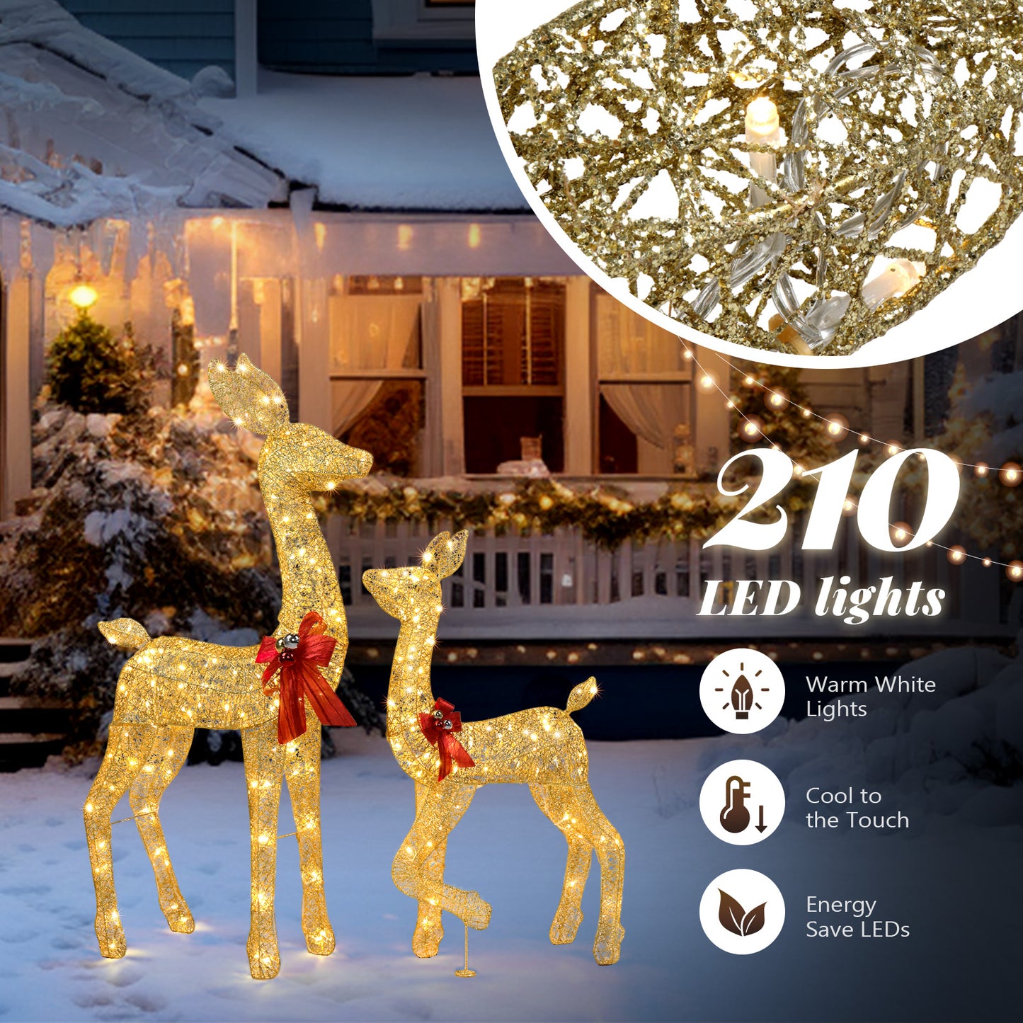 2-Piece Lighted Christmas Deer Family, Outdoor Yard Decoration Set with 210 LEDs Warm White Light, Gold 6cc08b-1a