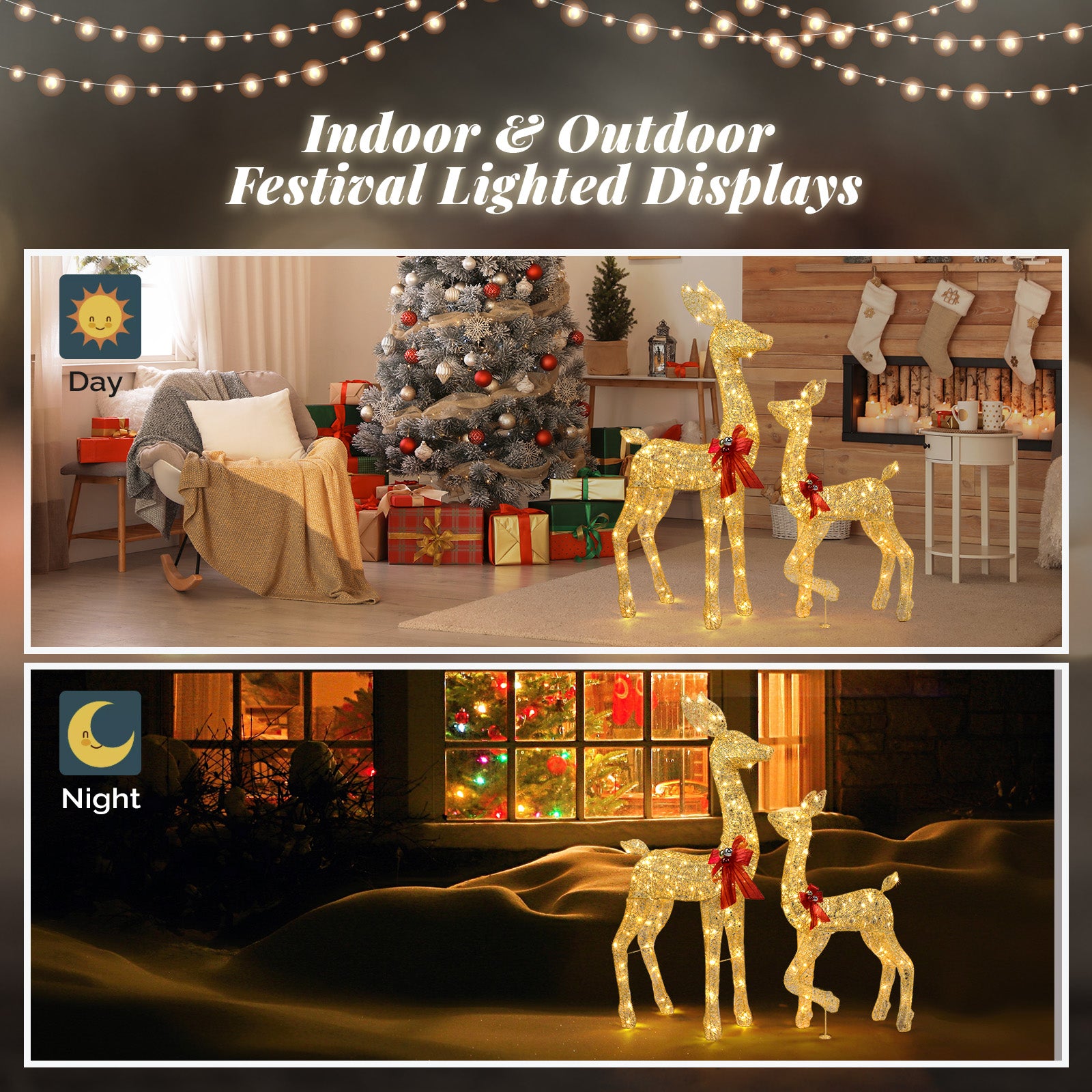 2-Piece Lighted Christmas Deer Family, Outdoor Yard Decoration Set with 210 LEDs Warm White Light, Gold 6cc08b-1a