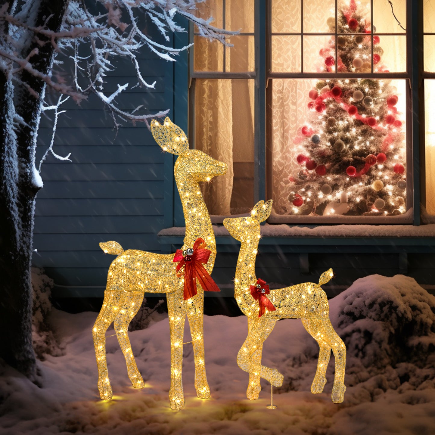 2-Piece Lighted Christmas Deer Family, Outdoor Yard Decoration Set with 210 LEDs Warm White Light, Gold 6cc08b-1a